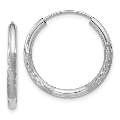 14k White Gold 2x18mm Satin Diamond-cut Endless Tube Hoop Earrings