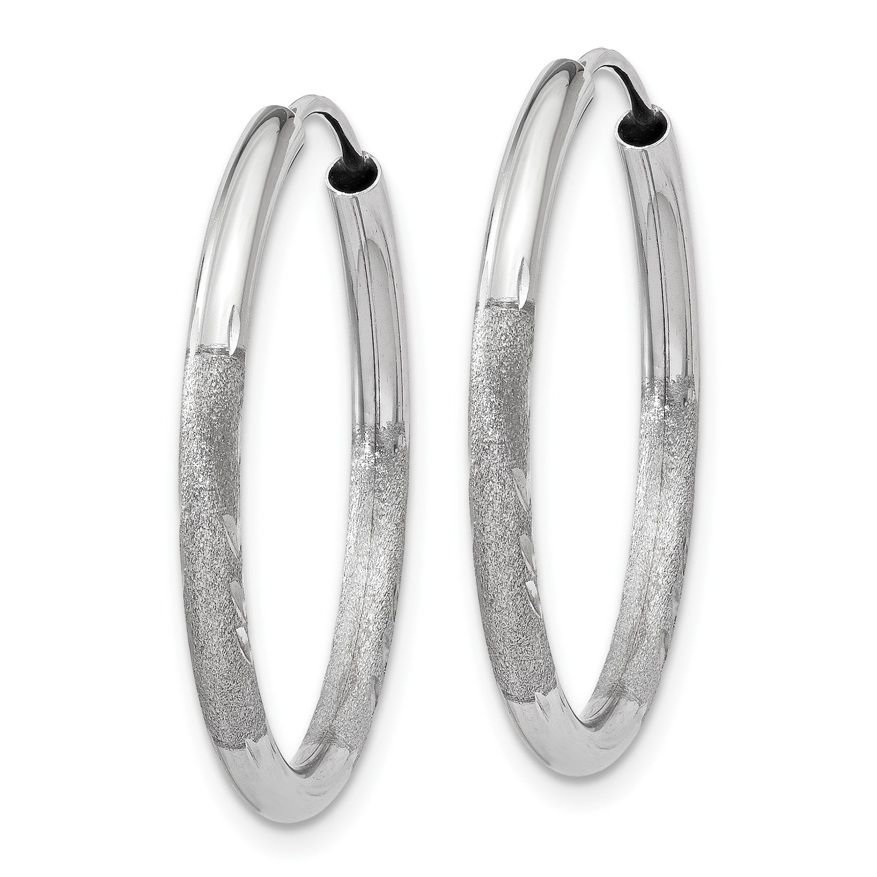 14k White Gold 2x20mm Satin Diamond-cut Endless Tube Hoop Earrings