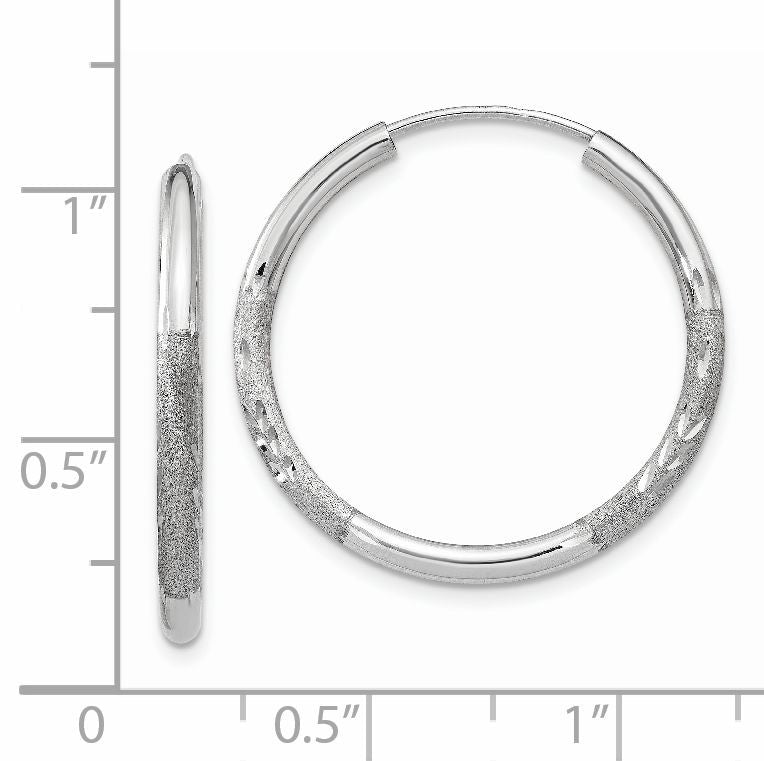 14k White Gold 2x20mm Satin Diamond-cut Endless Tube Hoop Earrings