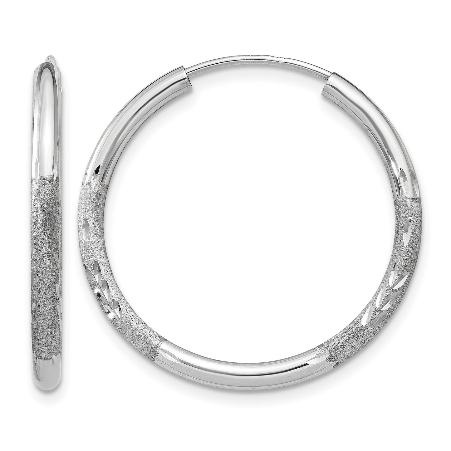 14k White Gold 2x20mm Satin Diamond-cut Endless Tube Hoop Earrings
