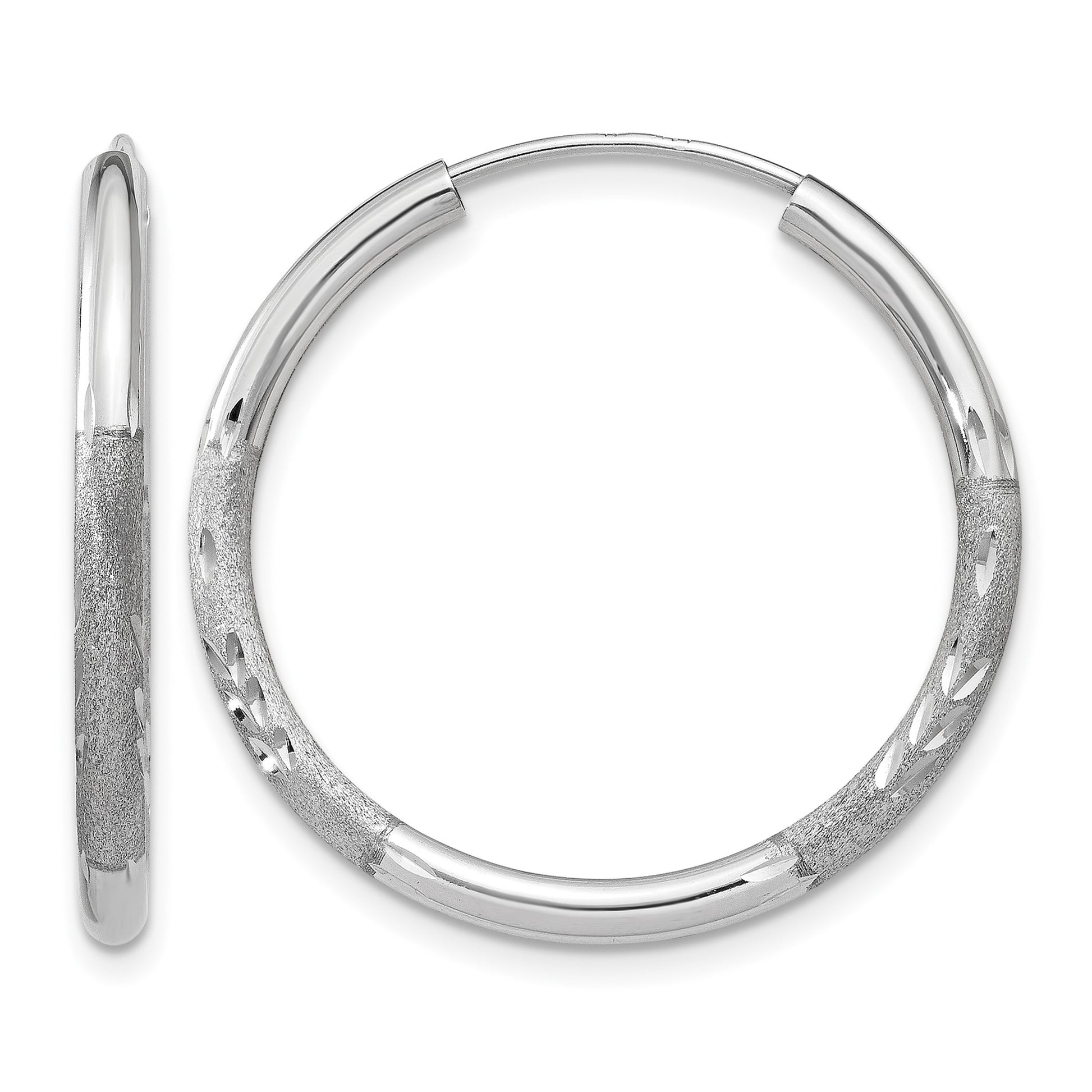 14k White Gold 2x20mm Satin Diamond-cut Endless Tube Hoop Earrings
