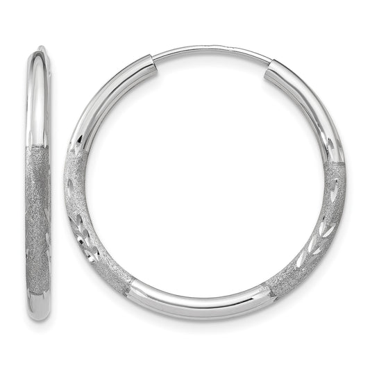 14k White Gold 2x20mm Satin Diamond-cut Endless Tube Hoop Earrings
