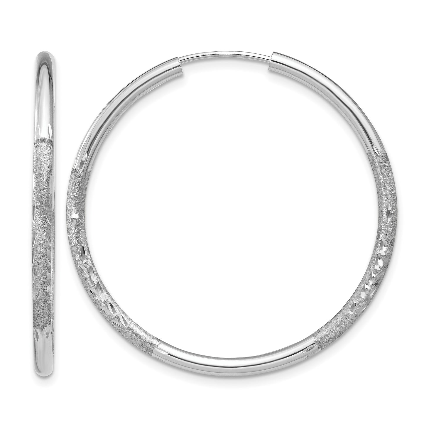 14k White Gold 2x30mm Satin Diamond-cut Endless Tube Hoop Earrings