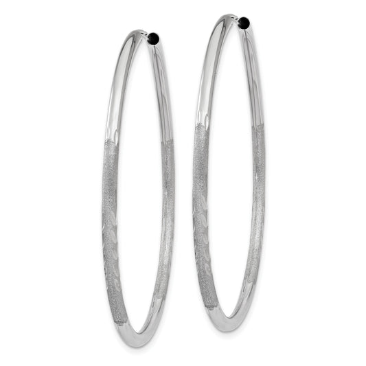 14k White Gold 2x40mm Satin Diamond-cut Endless Tube Hoop Earrings