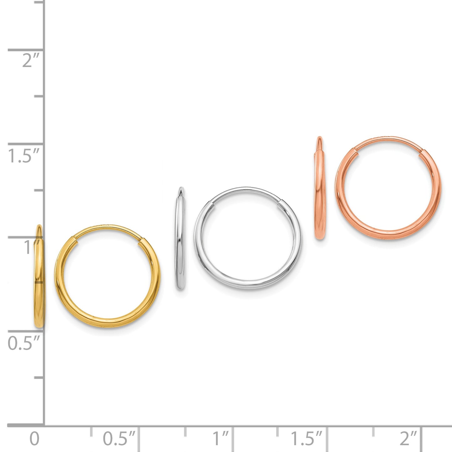 14k Tri-color Polished 3-pair 1.2x14mm Endless Tube Hoop Earring Set