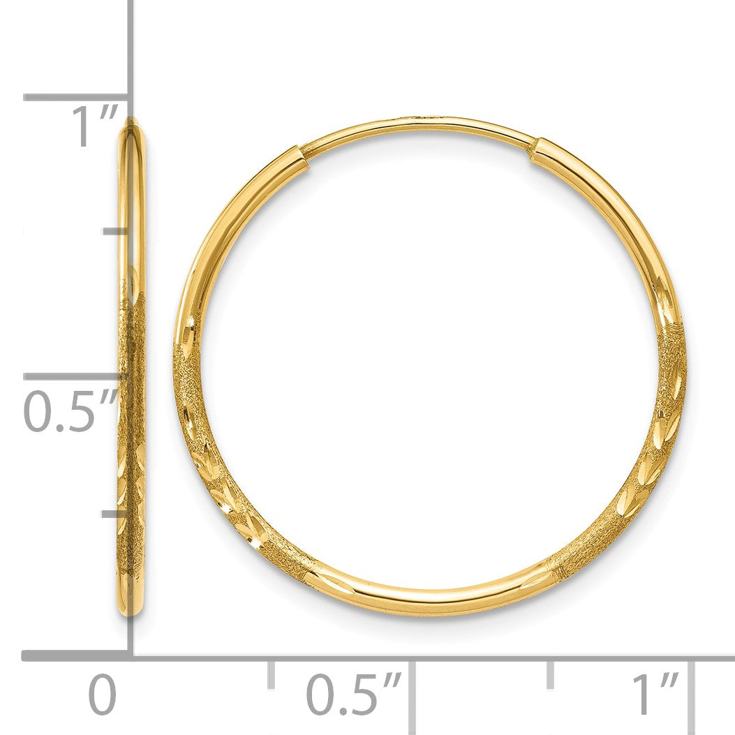 14k 1.2x20mm Satin Diamond-cut Endless Tube Hoop Earrings