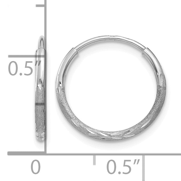 14K White Gold 1.2x12mm Satin Diamond-cut Endless Tube Hoop Earrings