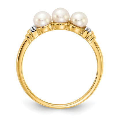 14k 4mm White Freshwater Cultured 3-Pearl and Diamond Ring