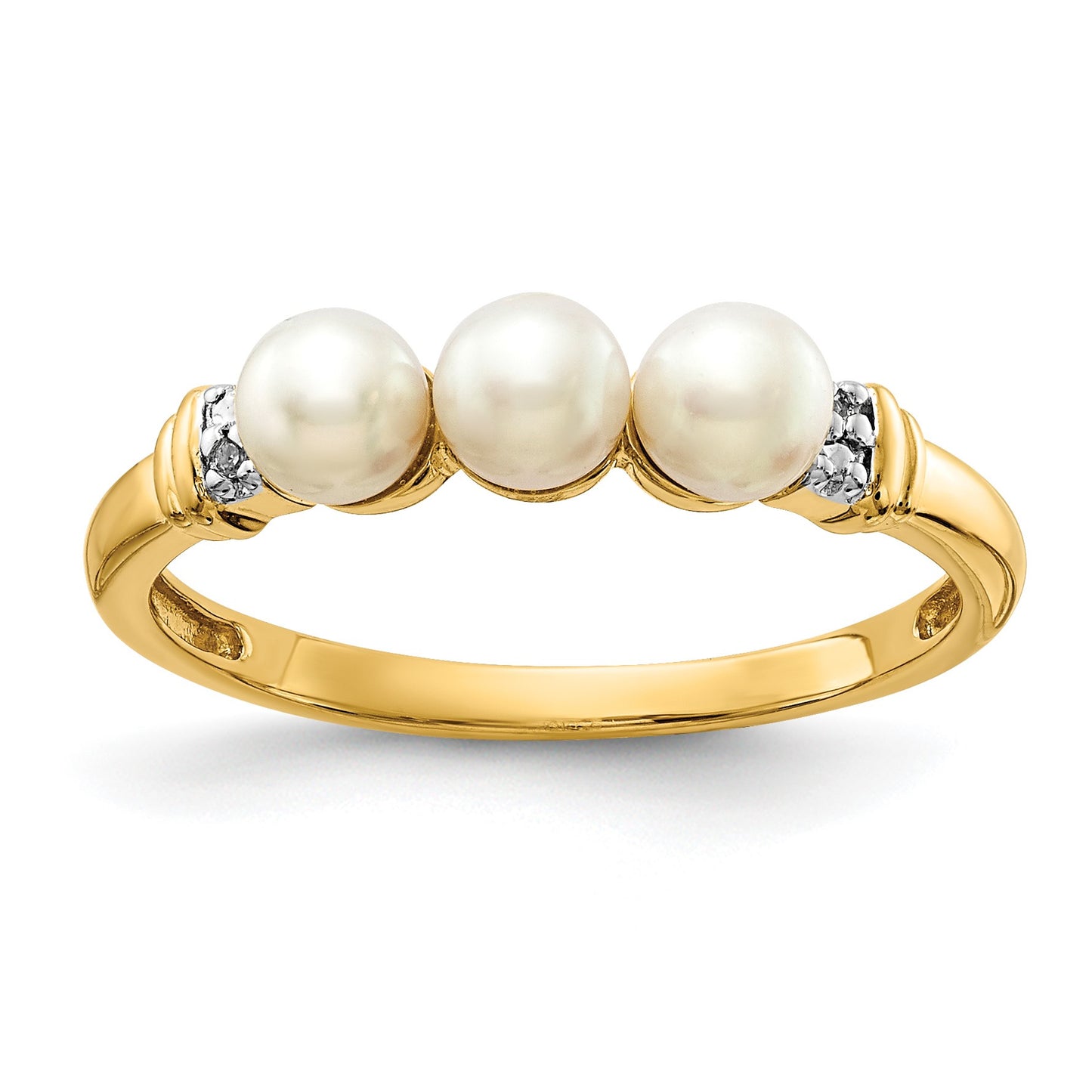 14k 4mm White Freshwater Cultured 3-Pearl and Diamond Ring