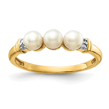 14k 4mm White Freshwater Cultured 3-Pearl and Diamond Ring
