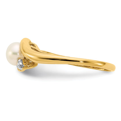 14k 5-6mm White Button Freshwater Cultured Pearl and .04 Carat Diamond Bypass Ring