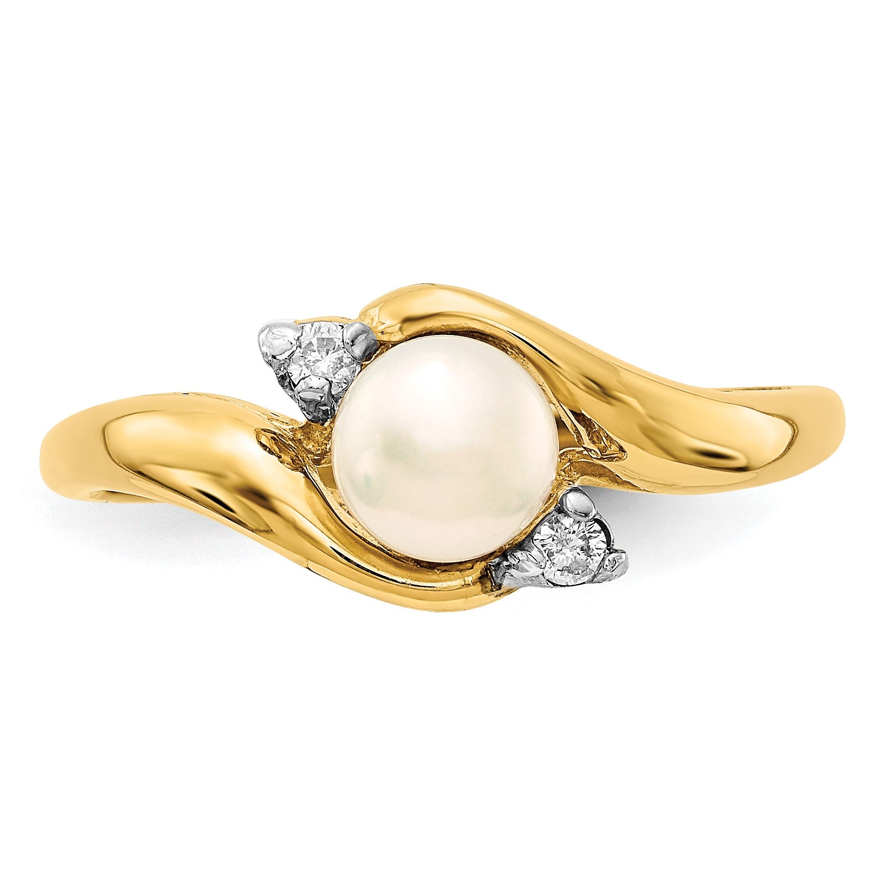 14k 5-6mm White Button Freshwater Cultured Pearl and .04 Carat Diamond Bypass Ring