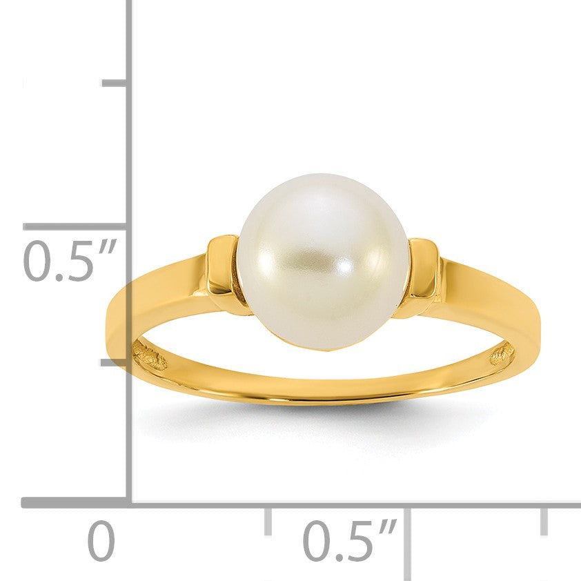 14k Polished 7-8mm Button White Freshwater Cultured Pearl Size 7 Ring