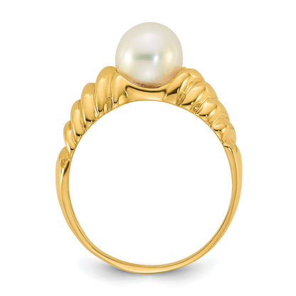 14k Polished 6-7mm Round White Freshwater Cultured Pearl Size 7 Scalloped Shank Ring