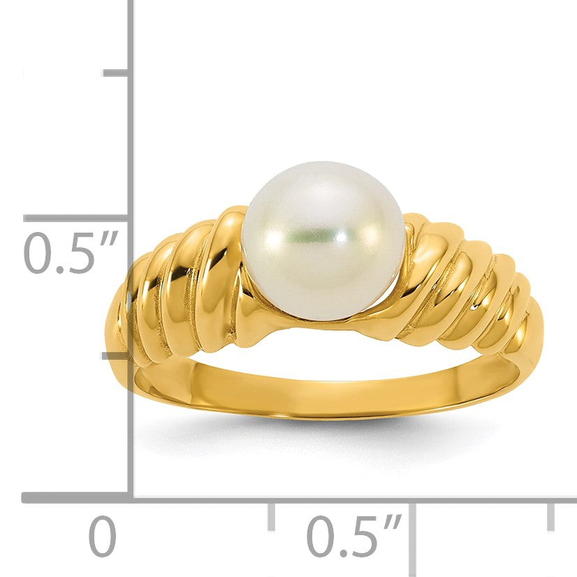 14k Polished 6-7mm Round White Freshwater Cultured Pearl Size 7 Scalloped Shank Ring