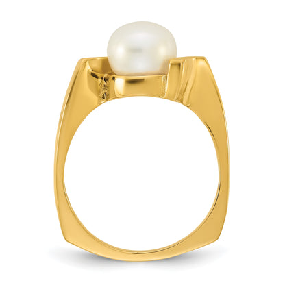 14k Polished 7-8mm Button White Freshwater Cultured Pearl Size 7 Square Shank  Ring