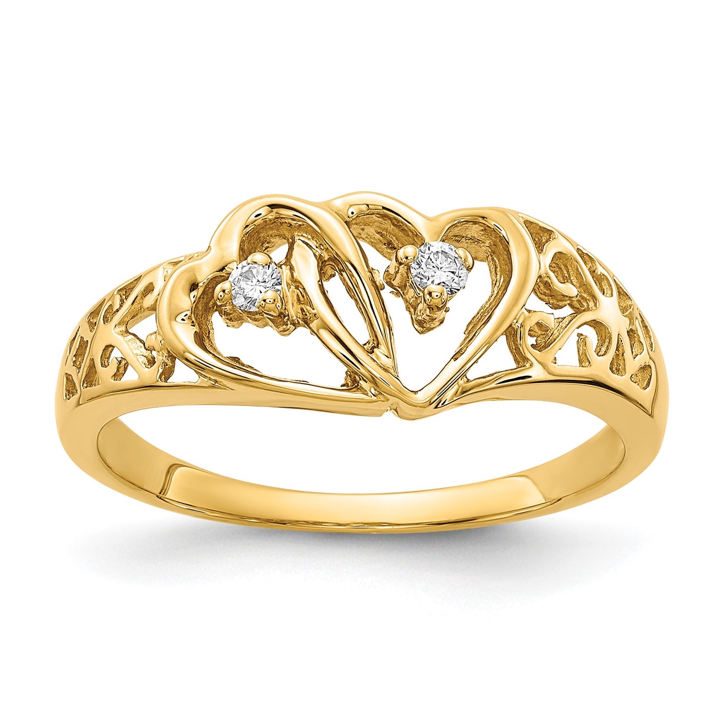 14k Polished 1/20 carat AA Diamond Two Hearts Ring