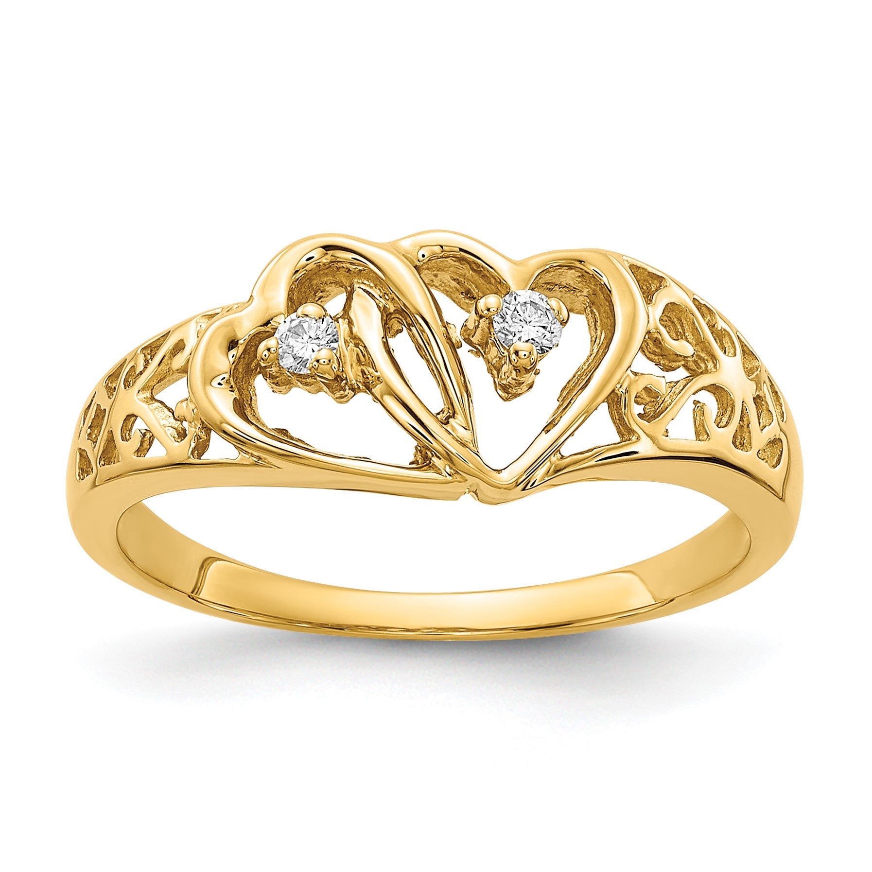 14k Polished 1/20 carat AA Diamond Two Hearts Ring