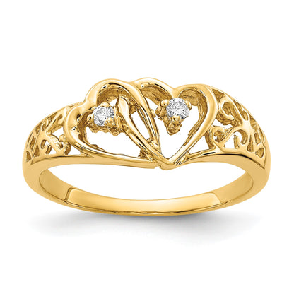 14k Polished 1/20 carat AA Diamond Two Hearts Ring