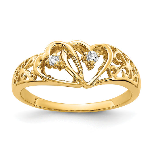 14k Polished 1/20 carat AA Diamond Two Hearts Ring