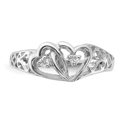 14k White Gold Polished 1/20 carat AA Diamond Two Hearts Ring
