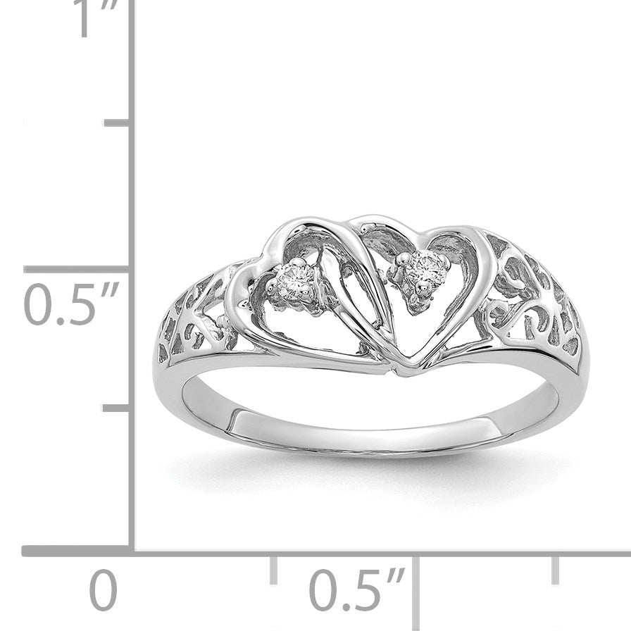 14k White Gold Polished 1/20 carat AA Diamond Two Hearts Ring