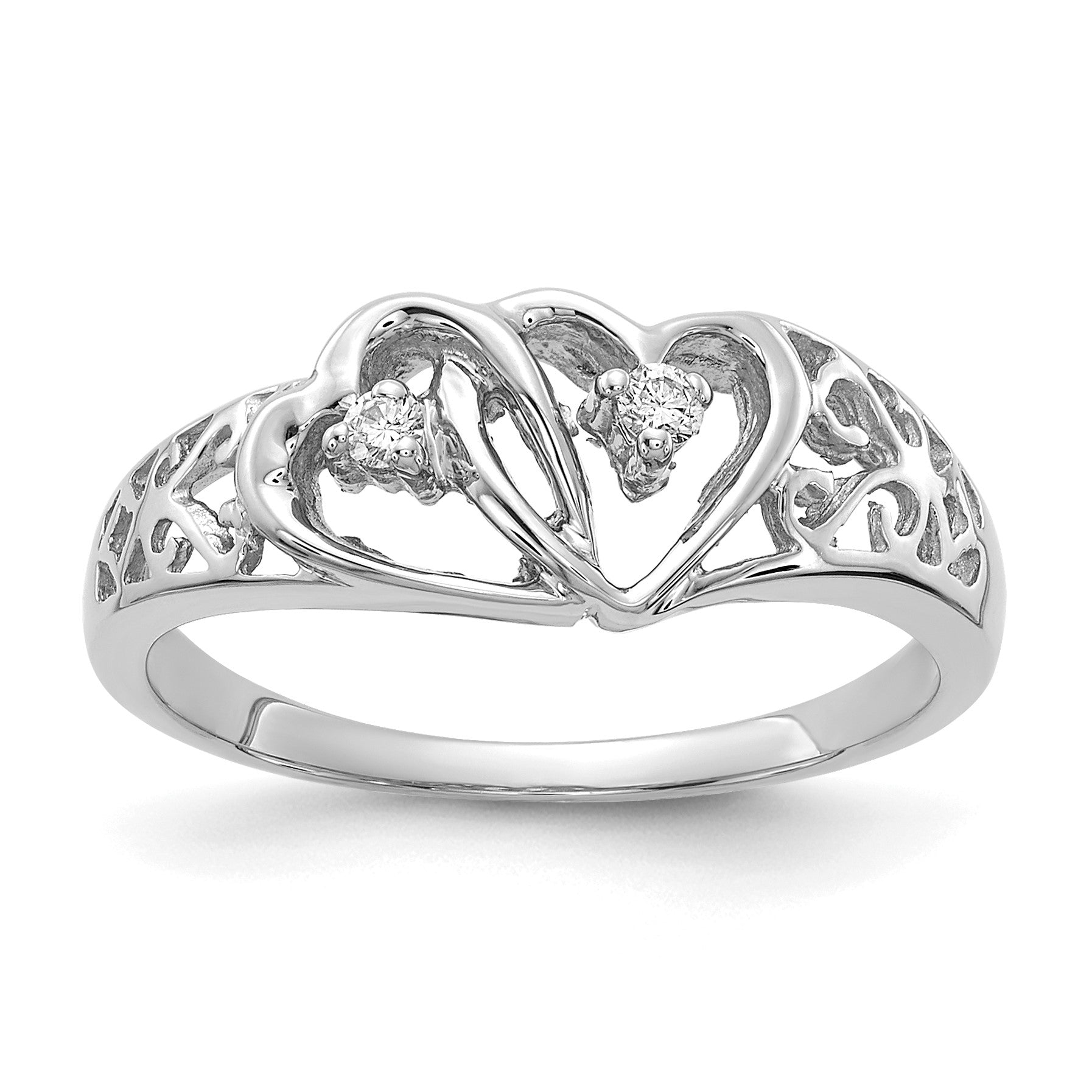 14k White Gold Polished 1/20 carat AA Diamond Two Hearts Ring