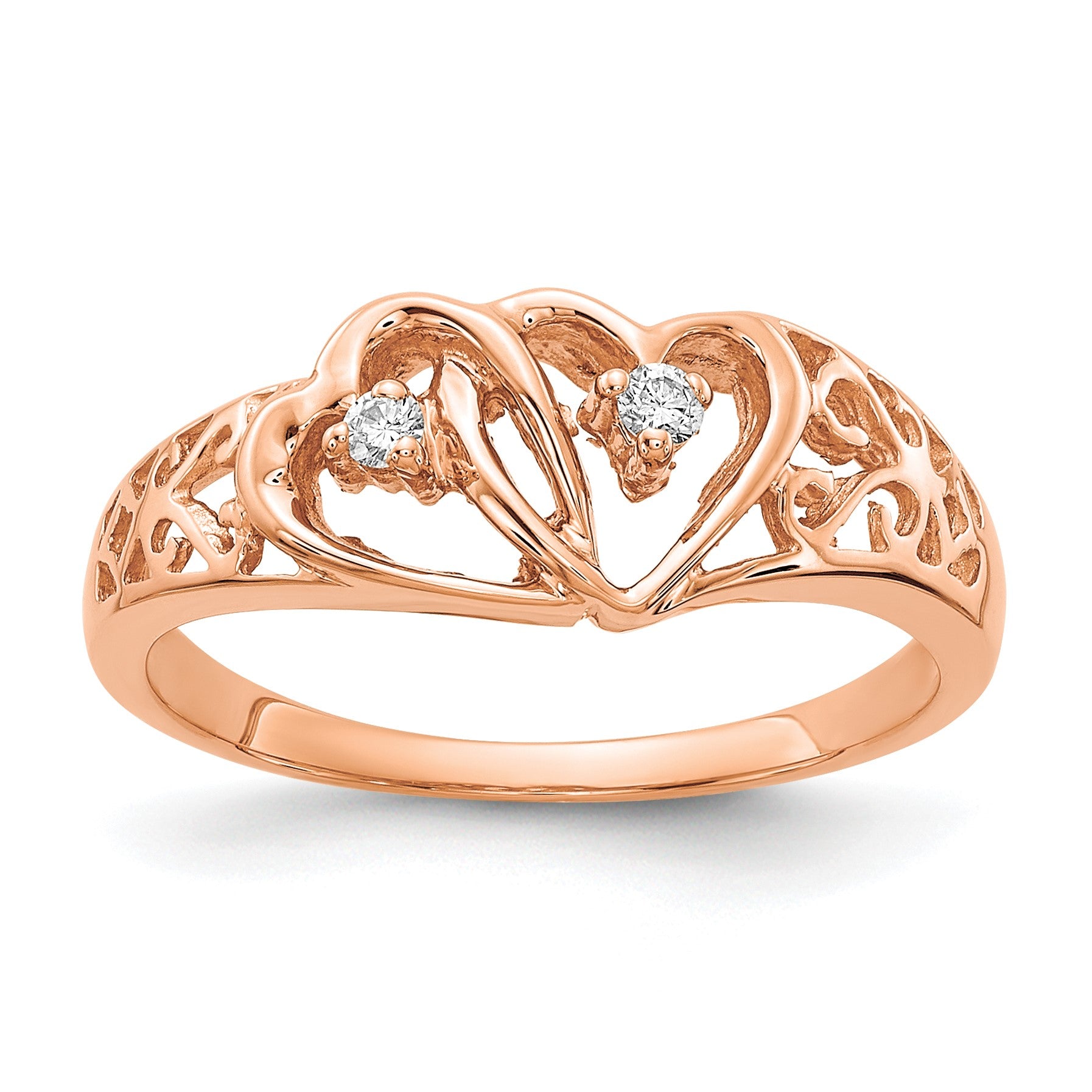 14k Rose Gold Polished 1/20 carat A Diamond Two Hearts Ring
