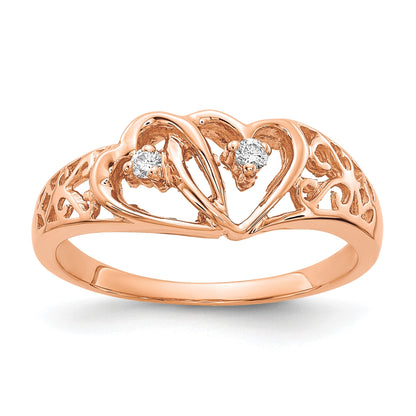 14k Rose Gold Polished 1/20 carat A Diamond Two Hearts Ring