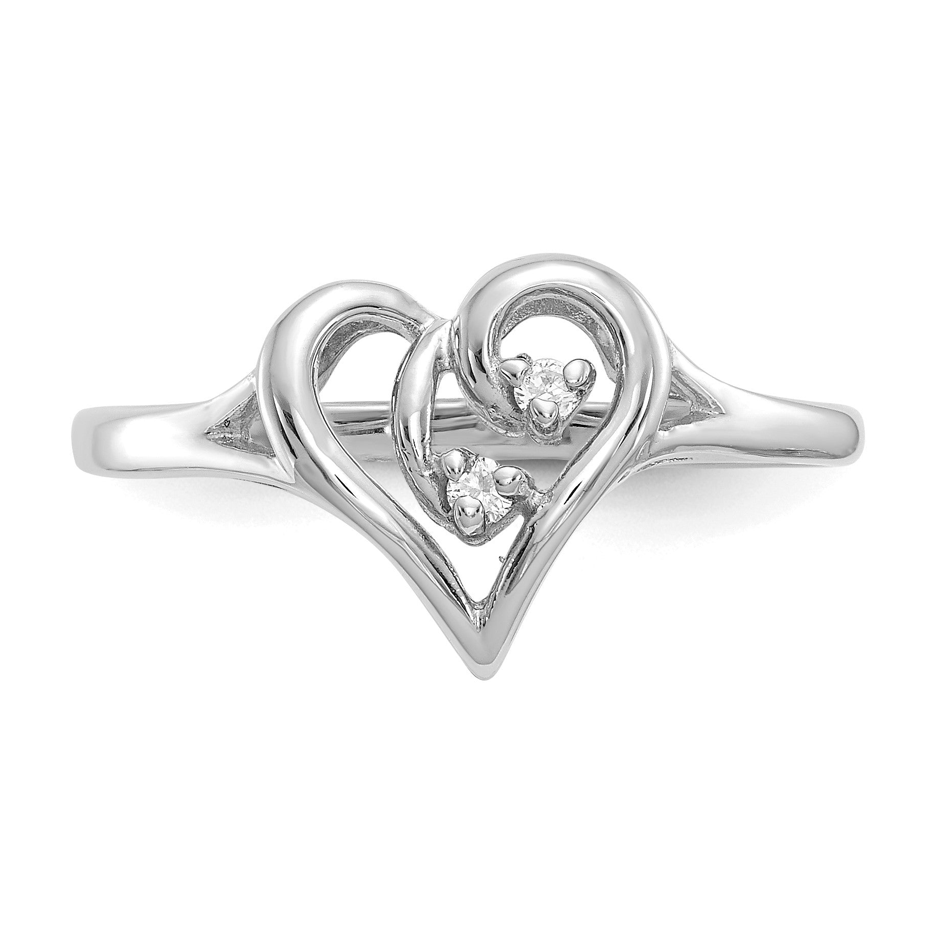 14k White Gold Polished AA Diamond Swirled Heart Ring