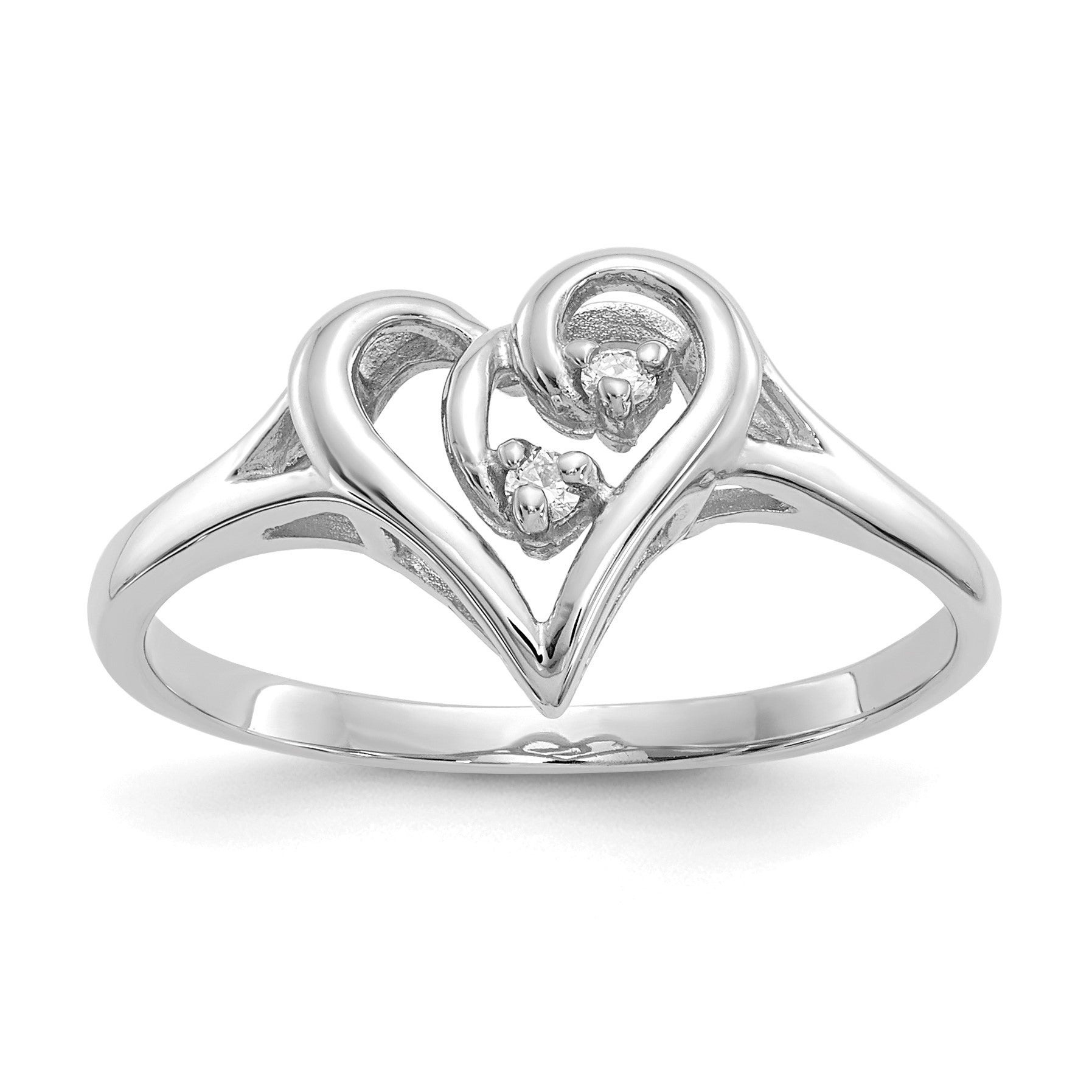 14k White Gold Polished AA Diamond Swirled Heart Ring