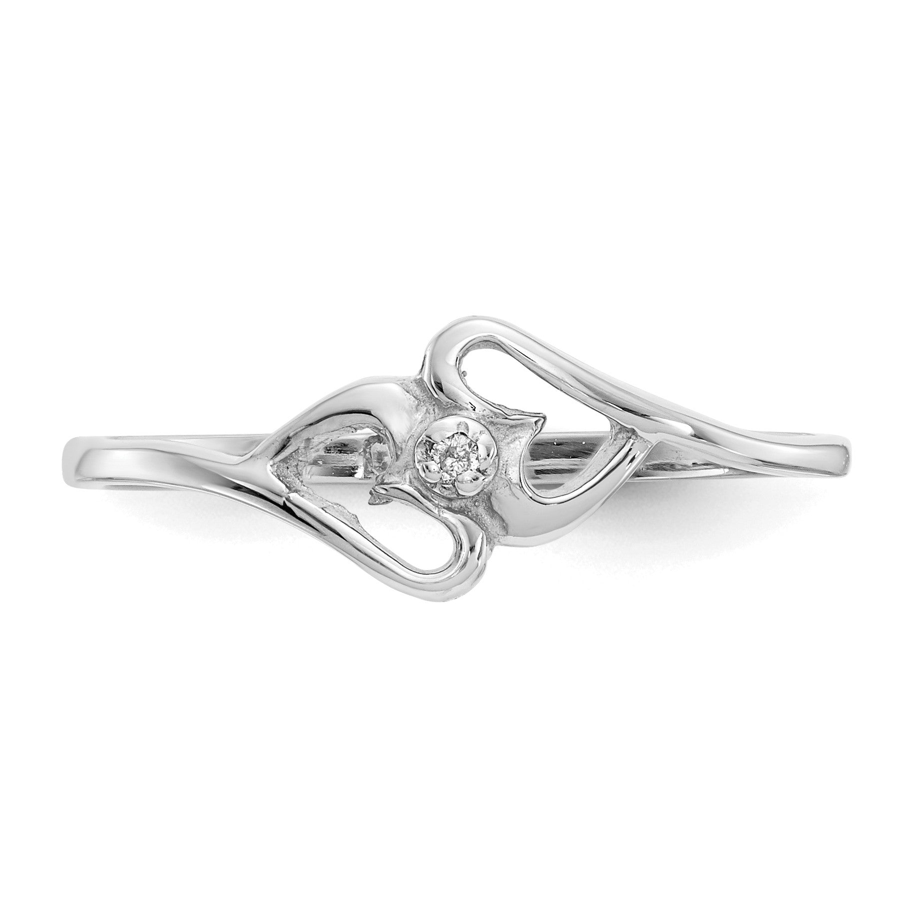 14k White Gold Polished AA Diamond Two Hearts Ring