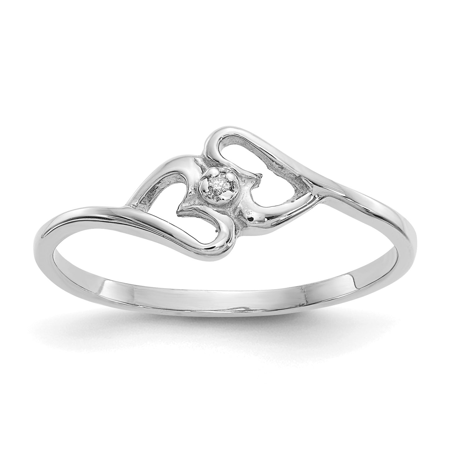 14k White Gold Polished AA Diamond Two Hearts Ring
