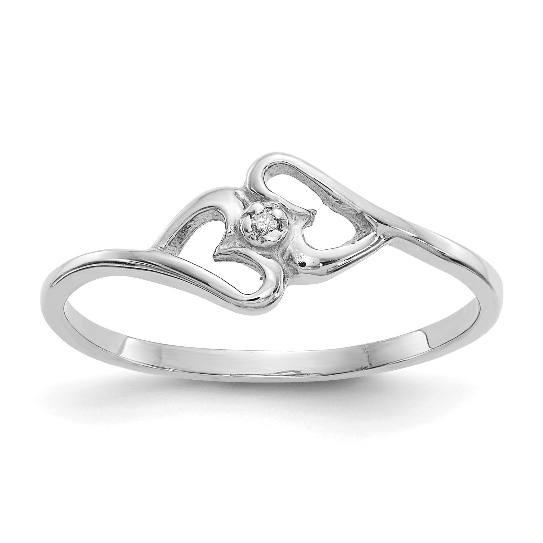 14k White Gold Polished AA Diamond Two Hearts Ring
