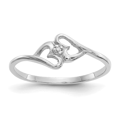 14k White Gold Polished AA Diamond Two Hearts Ring