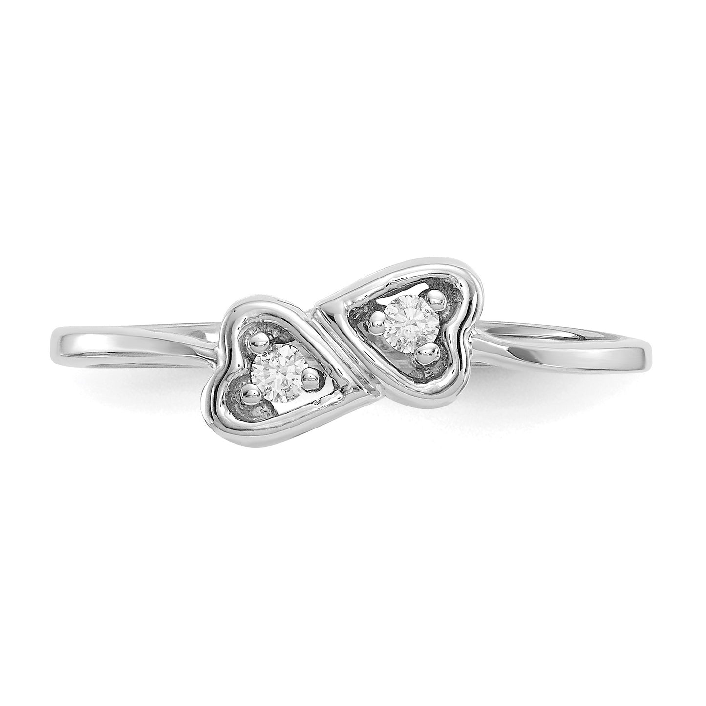 14k White Gold Polished 1/20 carat AA Diamond Two Hearts Ring