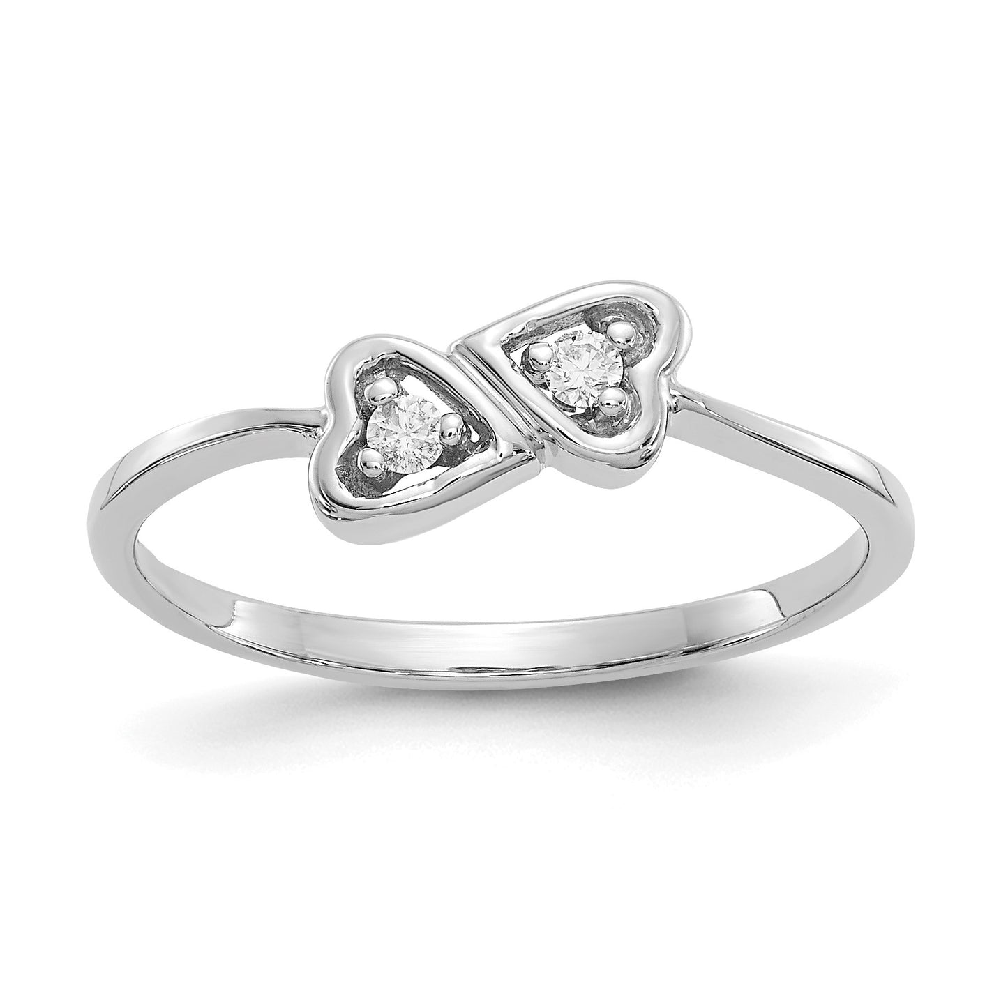 14k White Gold Polished 1/20 carat AA Diamond Two Hearts Ring