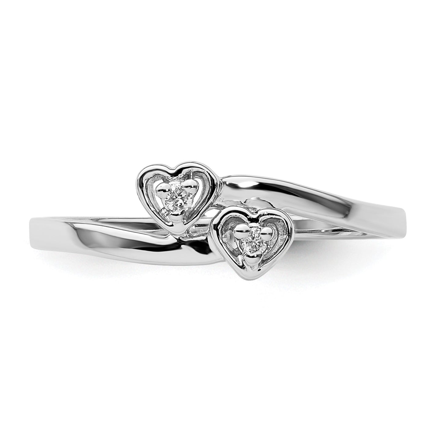 14k White Gold Polished AA Diamond Two Hearts Ring