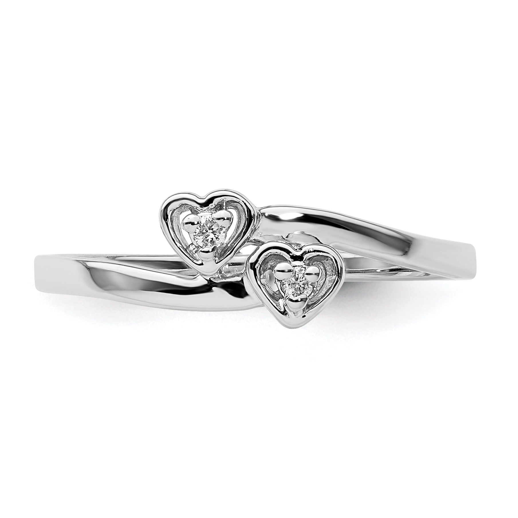 14k White Gold Polished AA Diamond Two Hearts Ring
