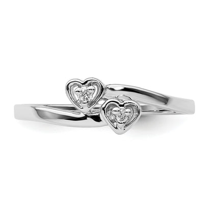 14k White Gold Polished AA Diamond Two Hearts Ring