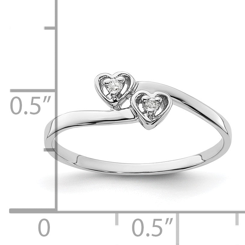 14k White Gold Polished AA Diamond Two Hearts Ring