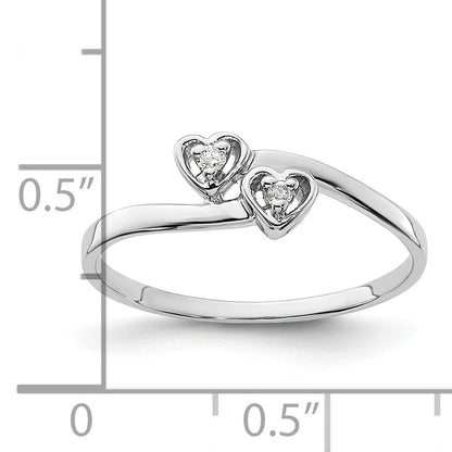 14k White Gold Polished AA Diamond Two Hearts Ring