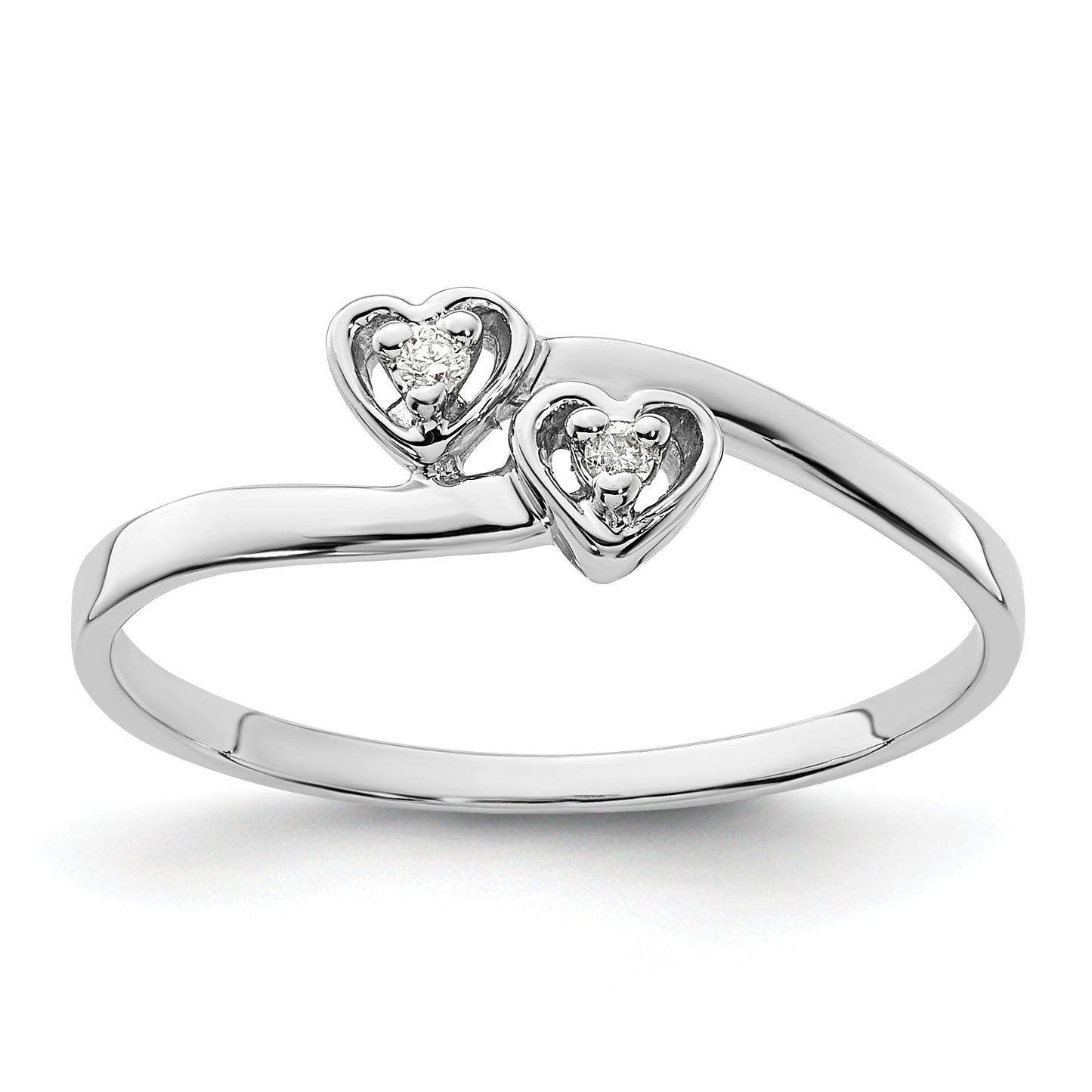 14k White Gold Polished AA Diamond Two Hearts Ring