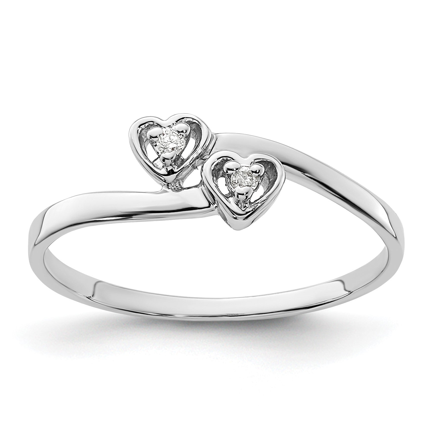 14k White Gold Polished AA Diamond Two Hearts Ring