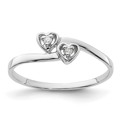 14k White Gold Polished AA Diamond Two Hearts Ring
