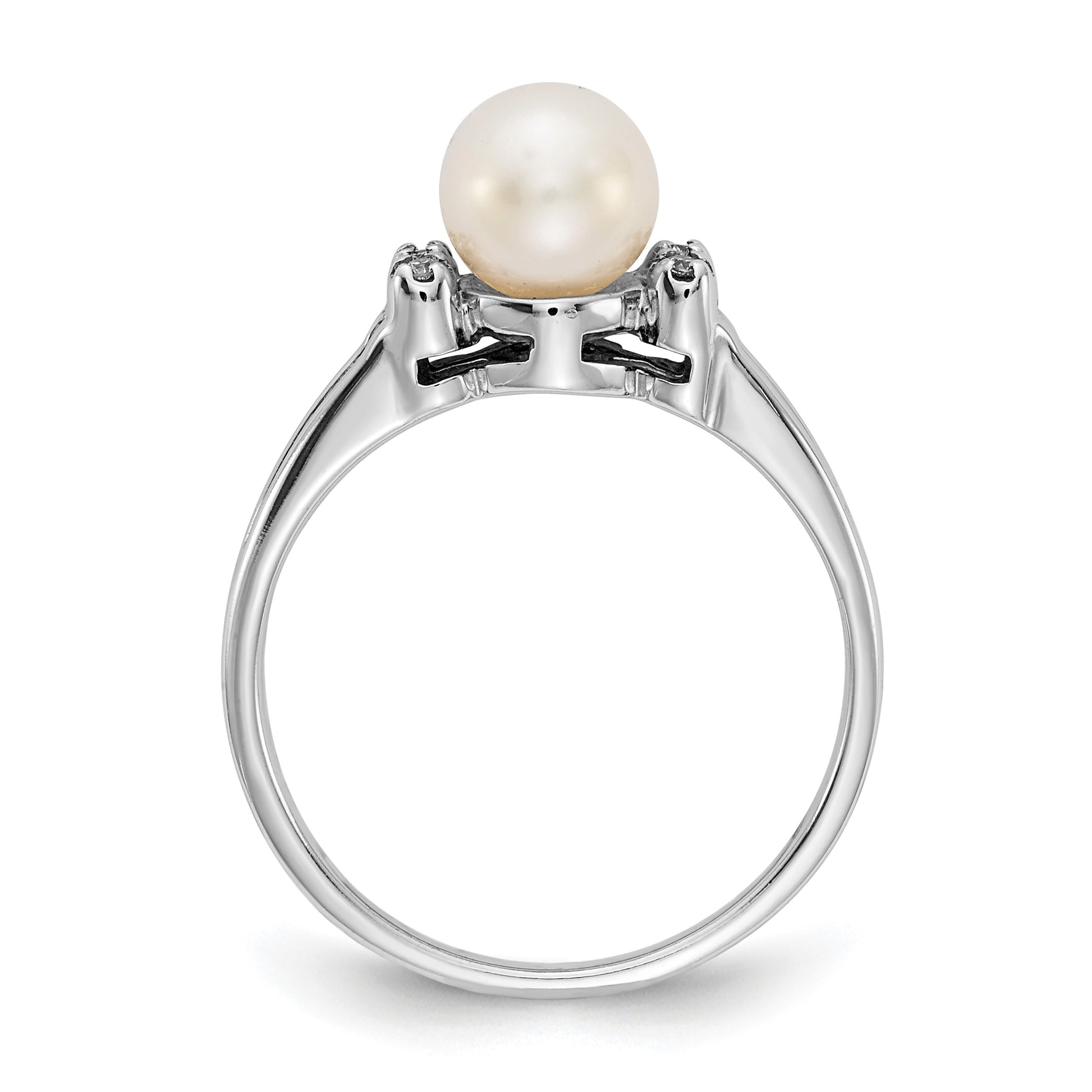14k White Gold 6mm White Freshwater Cultured Pearl and AA Diamond Ring