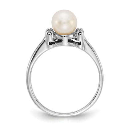 14k White Gold 6mm White Freshwater Cultured Pearl and AA Diamond Ring