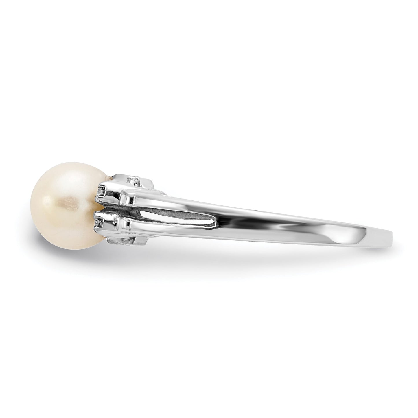 14k White Gold 6mm White Freshwater Cultured Pearl and AA Diamond Ring