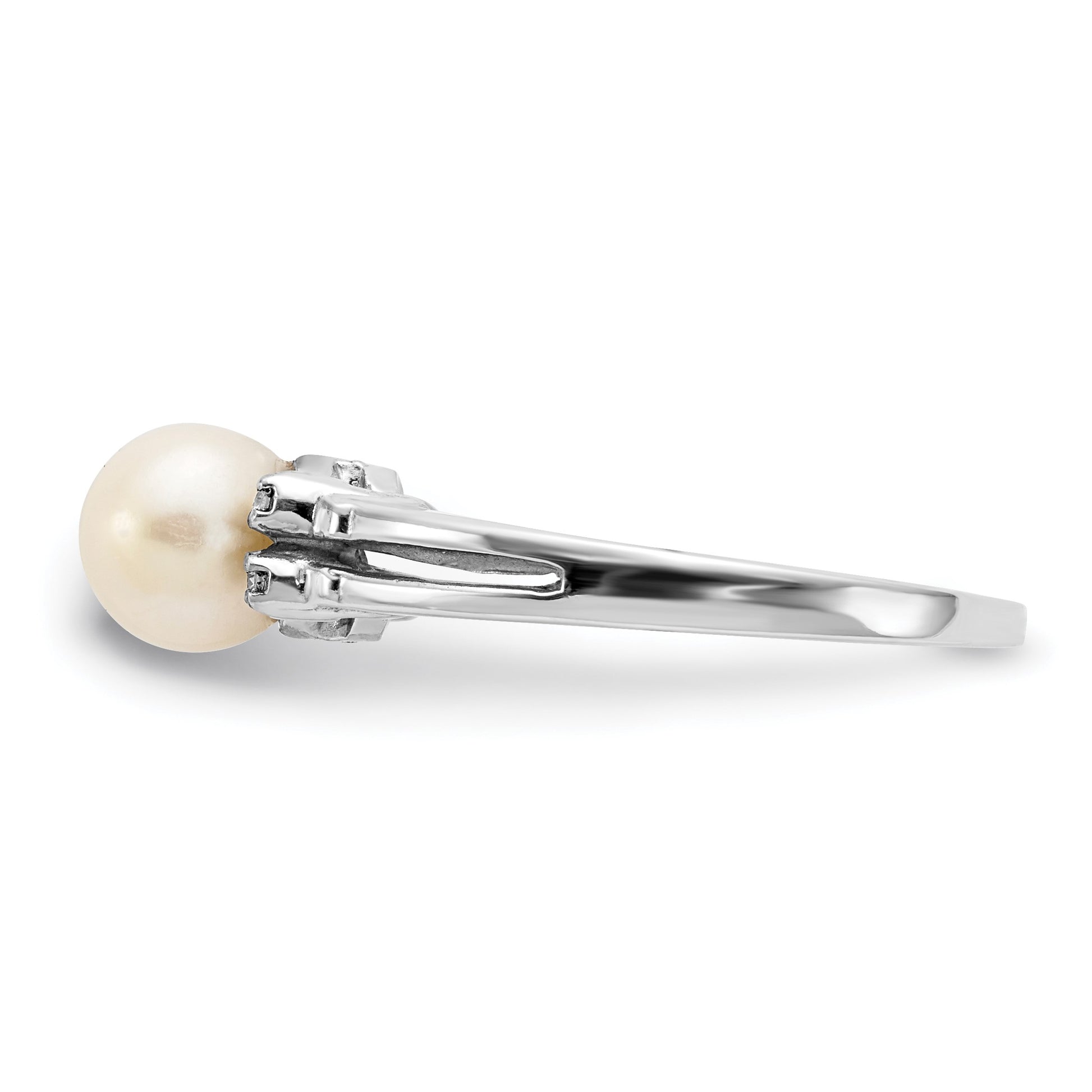 14k White Gold 6mm White Freshwater Cultured Pearl and AA Diamond Ring