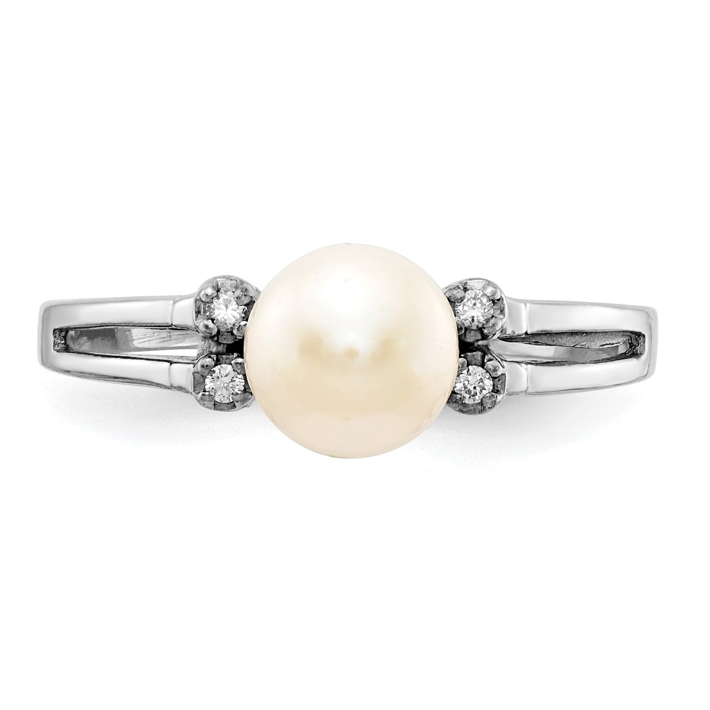 14k White Gold 6mm White Freshwater Cultured Pearl and AA Diamond Ring